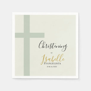 Elegant Sage Green Gold Minimal Cross Christening Napkins