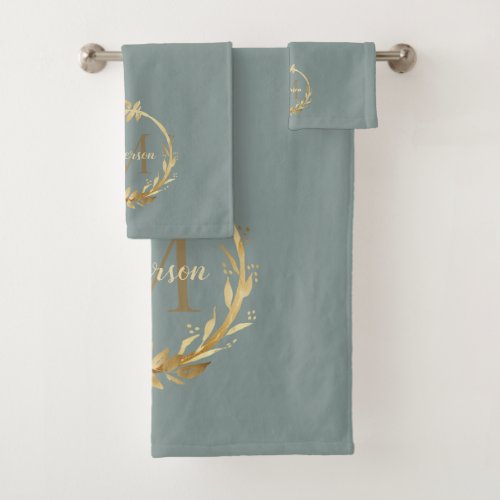 Elegant Sage Green Gold Monogram Eucalyptus Wreath Bath Towel Set