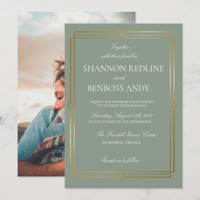 Elegant Sage Green & Gold Monogram Wedding Invitation (Front/Back)