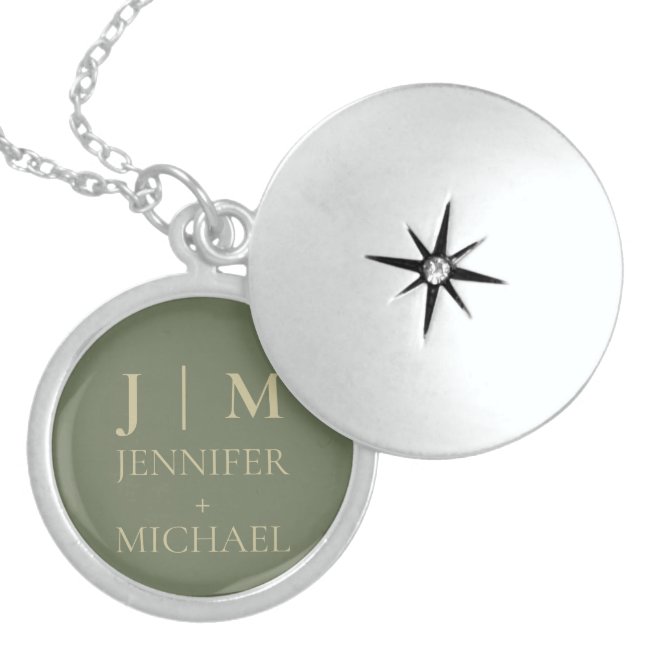 Elegant Sage Green & Gold Monogram Wedding Locket Necklace