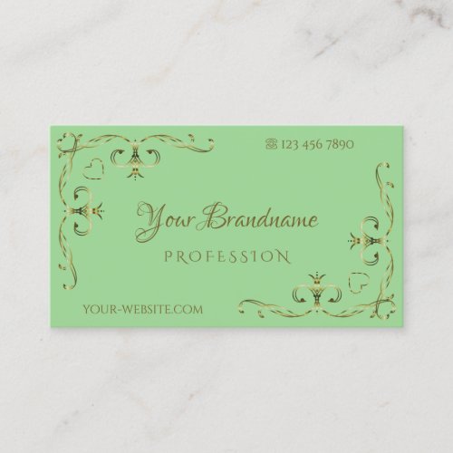Elegant Sage Green Gold Ornate Corners Ornamental Business Card