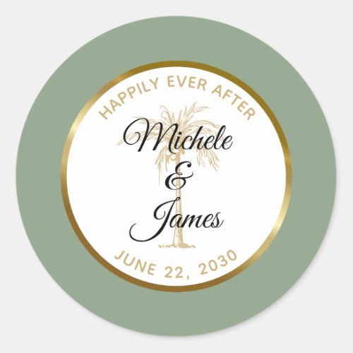 Elegant Sage Green Gold Palm Tree Tropical Wedding Classic Round Sticker