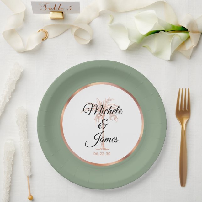 Elegant Sage Green Gold Palm Tree Tropical Wedding Paper Plates (Wedding)
