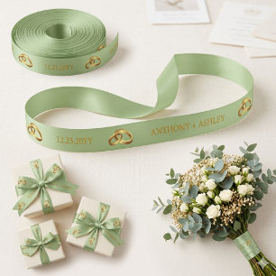 Elegant Sage Green Gold Personalized Name Satin Ribbon