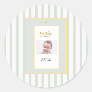 Elegant Sage Green Gold Photo Baptism Classic Round Sticker