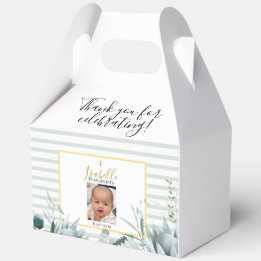 Elegant Sage Green Gold Photo Baptism Favor Boxes