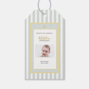 Elegant Sage Green Gold Photo Baptism Favor Gift Tags