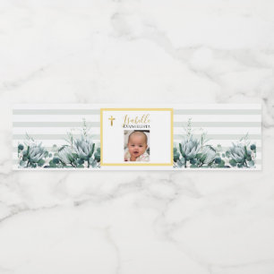 Elegant Sage Green Gold Photo Baptism Water Bottle Label