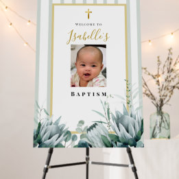 Elegant Sage Green Gold Photo Baptism Welcome Sign