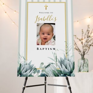 Elegant Sage Green Gold Photo Baptism Welcome Sign