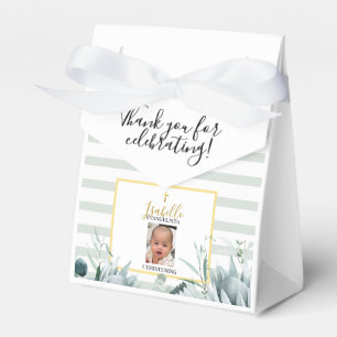 Elegant Sage Green Gold Photo Christening Favor Boxes