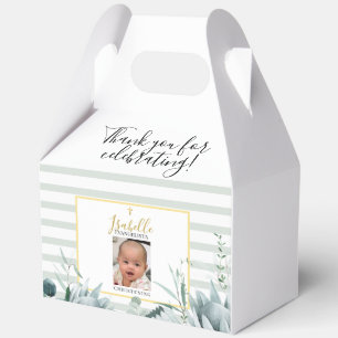 Elegant Sage Green Gold Photo Christening Favor Boxes