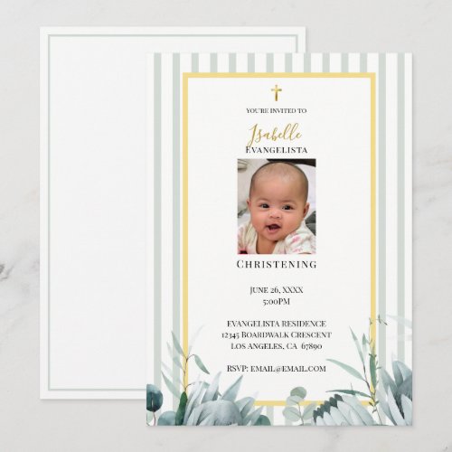 Elegant Sage Green Gold Photo Christening Invitation