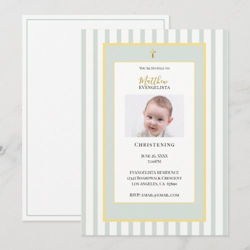 Elegant Sage Green Gold Photo Christening Invitation