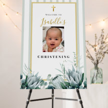 Elegant Sage Green Gold Photo Christening Welcome