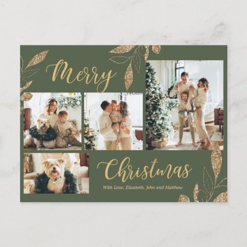 Elegant Sage Green Gold Photo Collage Christmas Postcard