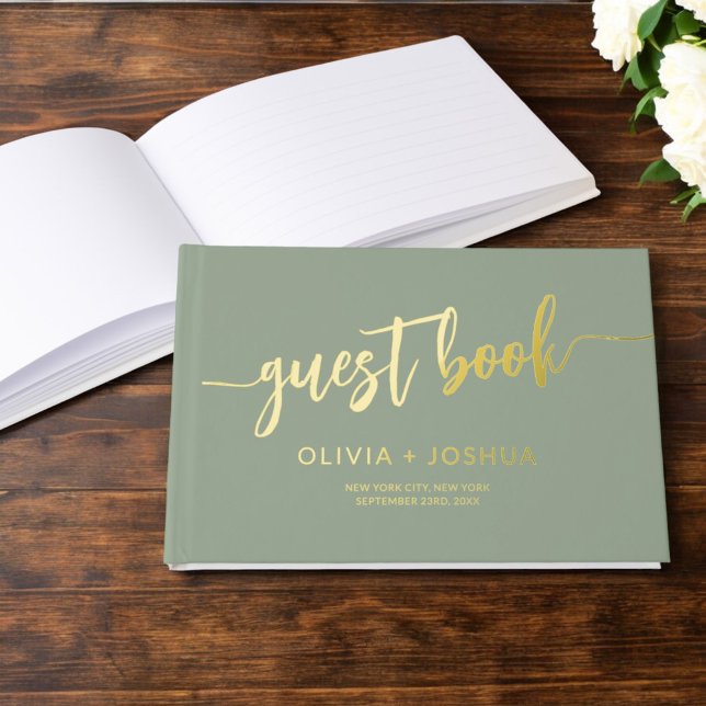Elegant Sage Green Gold Photo Minimalist Foil Guest Book (Creator Uploaded)