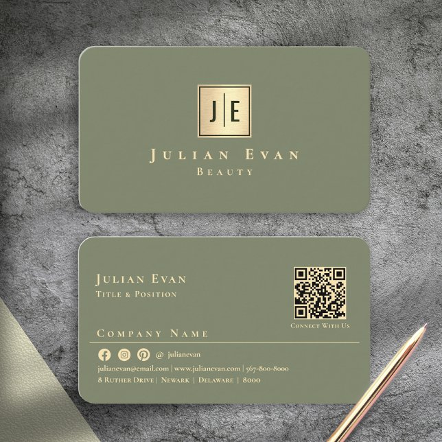 Elegant Sage Green Gold Professional Monogram Business Card (Elegant Sage Green Gold Professional Monogram Business Card)
