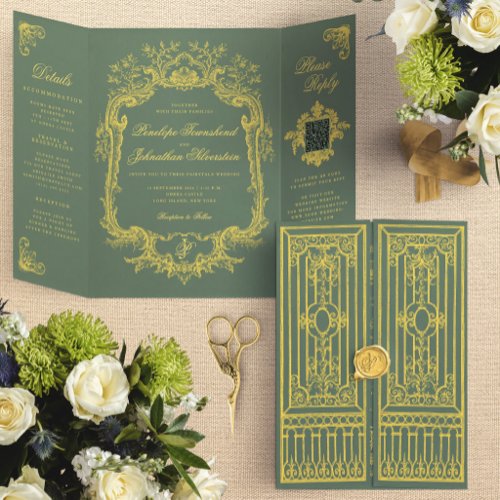 Elegant Sage Green Gold Regal Gate Wedding Tri-Fold Invitation