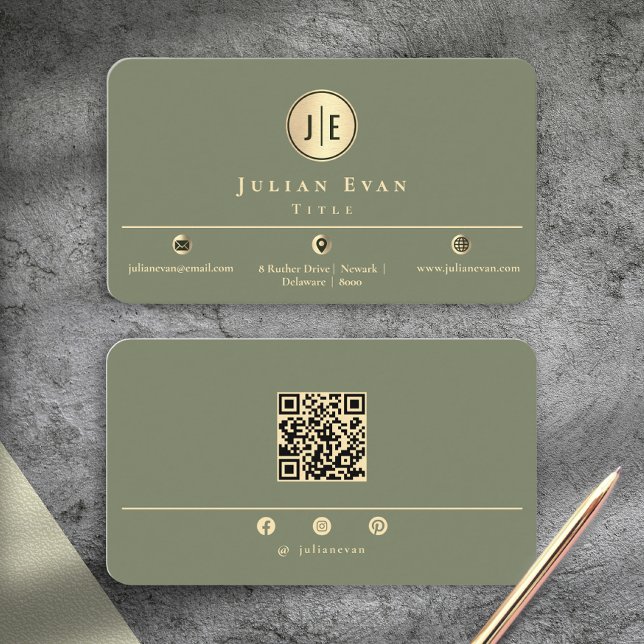 Elegant Sage Green Gold Shiny Circle Monogram Business Card (Elegant Sage Green Gold Shiny Circle Monogram Business Card)