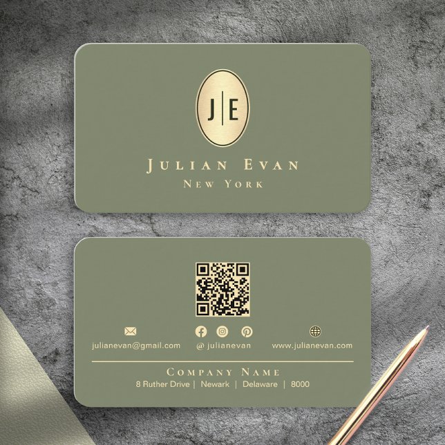 Elegant Sage Green & Gold Shiny Oval Monogram Business Card (Elegant Sage Green & Gold Shiny Oval Monogram Business Card)