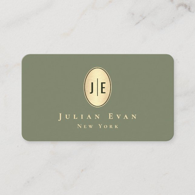 Elegant Sage Green & Gold Shiny Oval Monogram Business Card (Front)