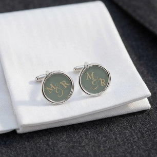 Elegant sage green & Gold wedding monogram Cufflinks