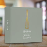 Elegant Sage Green Gold Whisk Recipe Script 3 Ring Binder<br><div class="desc">An elegant recipe binder featuring a chic gold whisk on a stylish sage green background with your personalized name and title set in modern typography. Designed by Thisisnotme©</div>