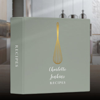 Elegant Sage Green Gold Whisk Recipe Script 3 Ring Binder