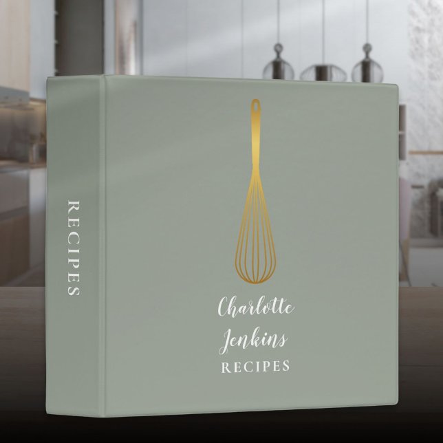 Elegant Sage Green Gold Whisk Recipe Script 3 Ring Binder (Elegant Sage Green Gold Whisk Recipe Script 3 Ring Binder)