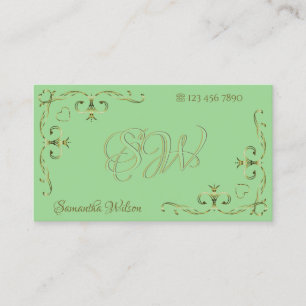 Elegant Sage Green Golden Ornate Corners Initials Business Card