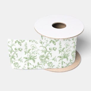 Elegant Sage Green Grandmillennial Toile Floral Satin Ribbon
