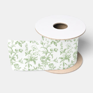Elegant Sage Green Grandmillennial Toile Floral Satin Ribbon