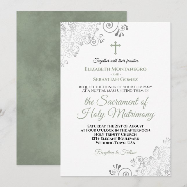 Elegant Sage Green & Gray Modern Catholic Wedding Invitation (Front/Back)
