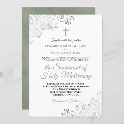 Elegant Sage Green  Gray Modern Catholic Wedding Invitation