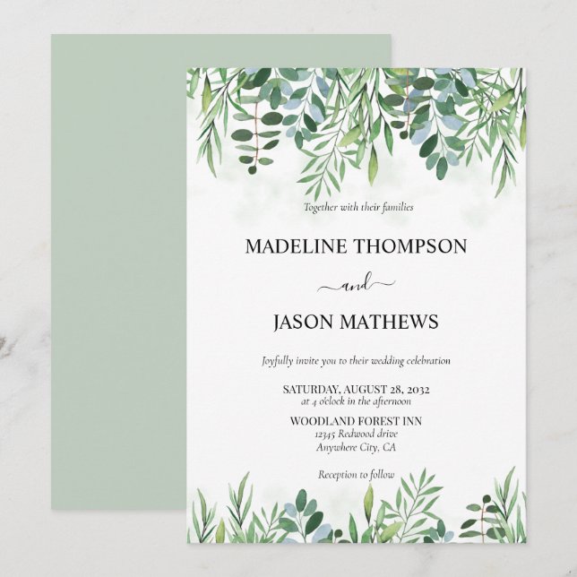 Elegant Sage Green Greenery Eucalyptus Wedding Invitation (Front/Back)
