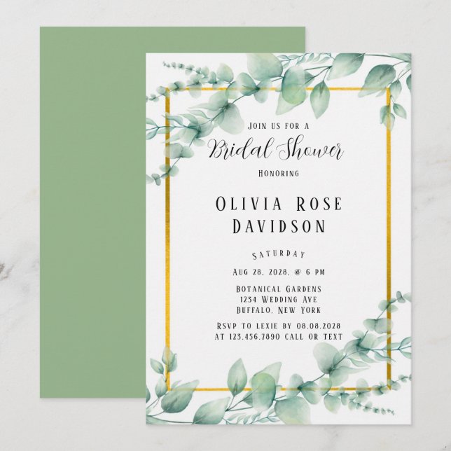 Elegant Sage Green Greenery Gold Bridal Shower Invitation (Front/Back)