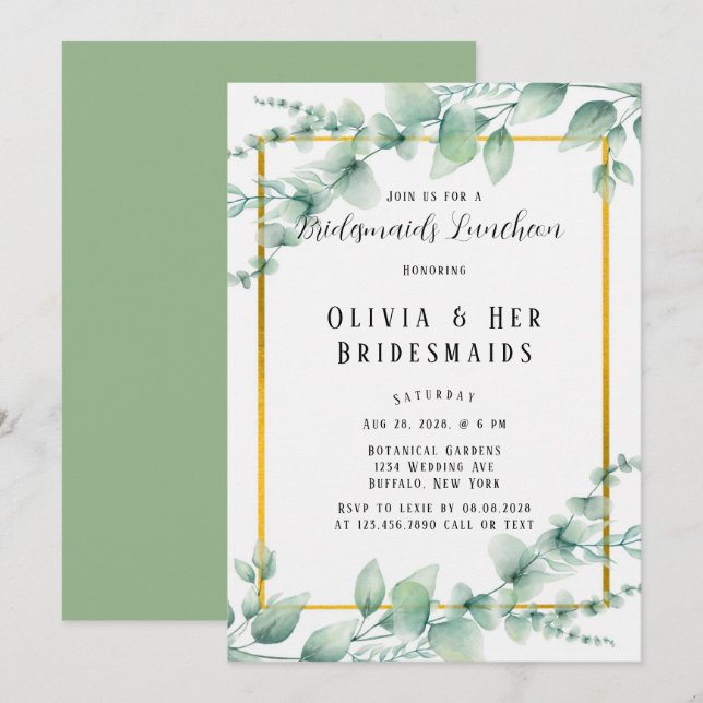 Elegant Sage Green Greenery Gold Bridesmaids Lunch Invitation (Front/Back)