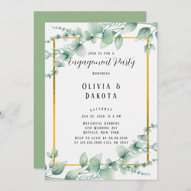 Elegant Sage Green Greenery Gold Engagement Party Invitation (Front/Back)
