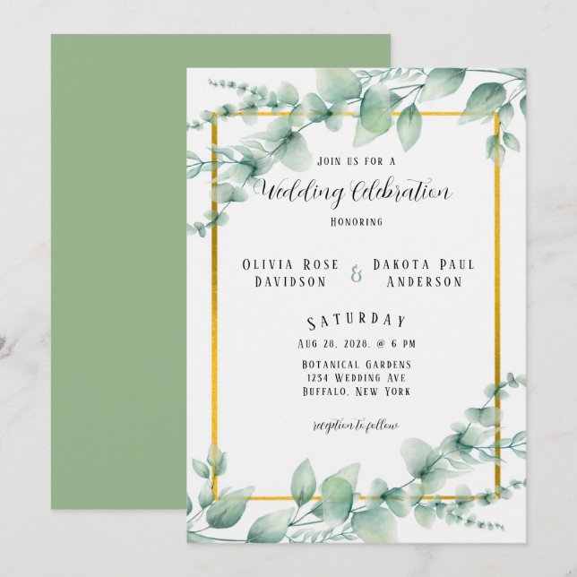 Elegant Sage Green Greenery Gold Wedding Invitation (Front/Back)