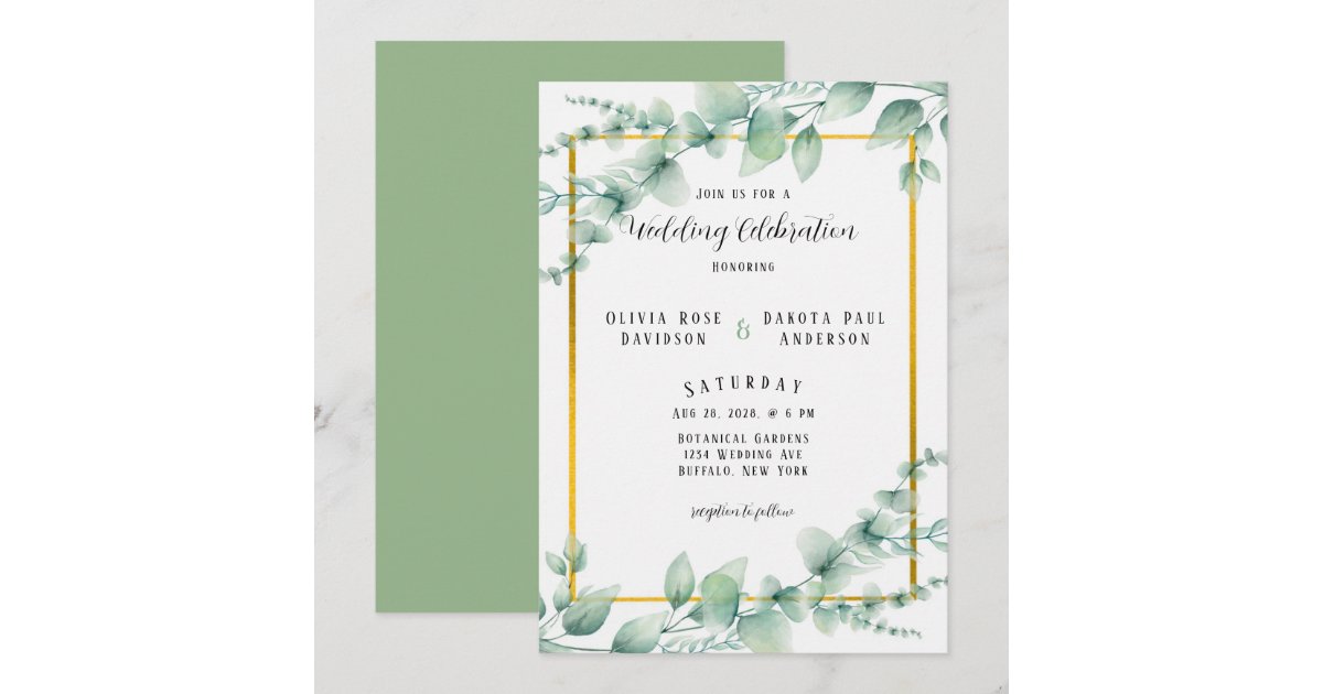 Elegant Sage Green Greenery Gold Wedding Invitation | Zazzle