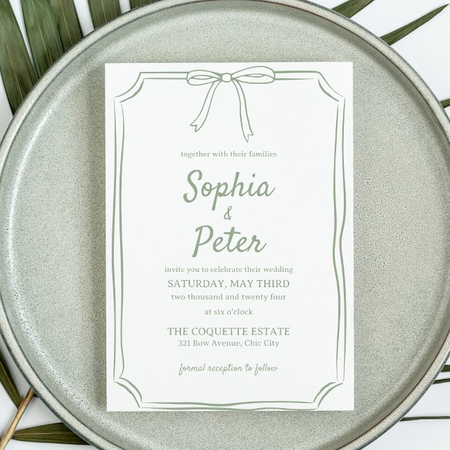Elegant Sage Green Hand-Drawn Bow Timeless Wedding Invitation (Invite guests to your special day with this soft sage green wedding invitation—simple and timeless.)