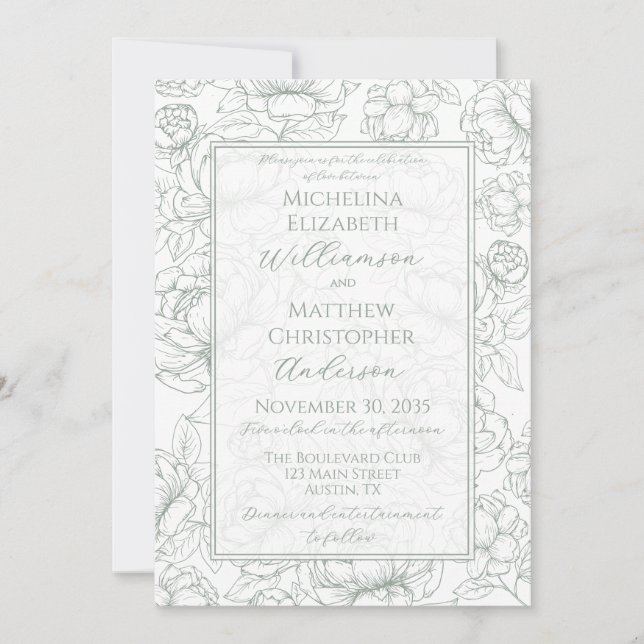 Elegant Sage Green Hand-Drawn Floral Wedding  Invi Invitation (Front)