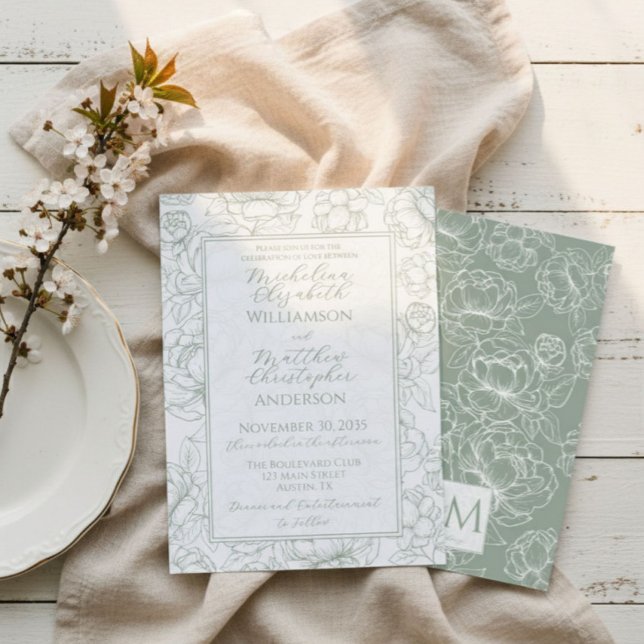 Elegant Sage Green Hand-Drawn Floral Wedding  Invitation (Creator Uploaded)