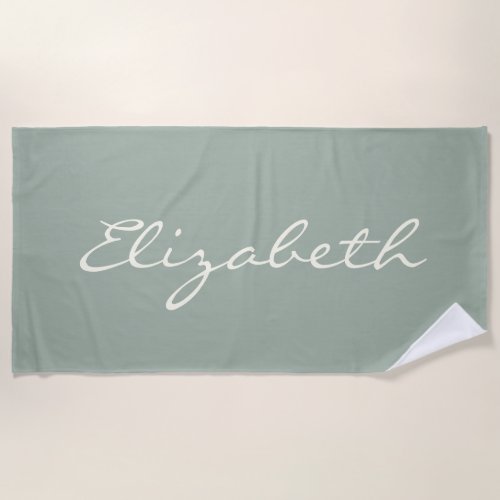 Elegant Sage Green Handwritten Script Name    Beach Towel