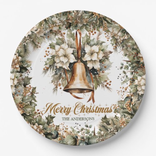 Elegant sage green holly faux gold Christmas bells Paper Plates