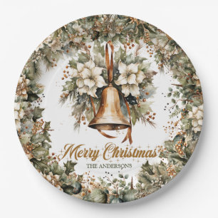 Elegant sage green holly faux gold Christmas bells Paper Plates