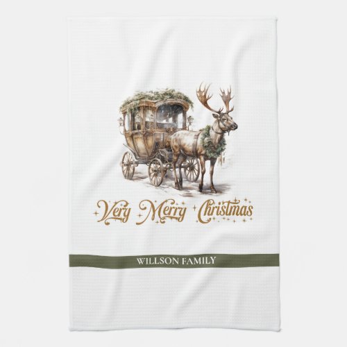 Elegant sage green holly faux gold Reindeer sleigh Kitchen Towel