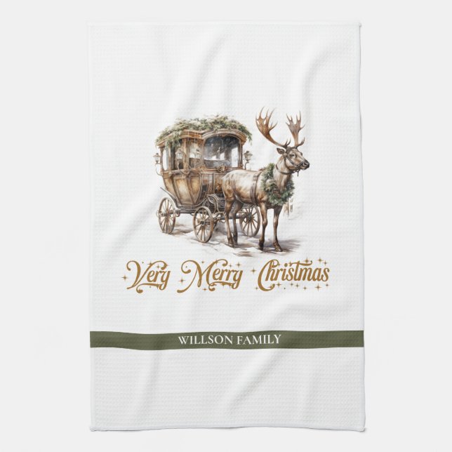Elegant sage green holly faux gold Reindeer sleigh Kitchen Towel (Vertical)