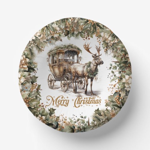 Elegant sage green holly faux gold Reindeer sleigh Paper Bowls